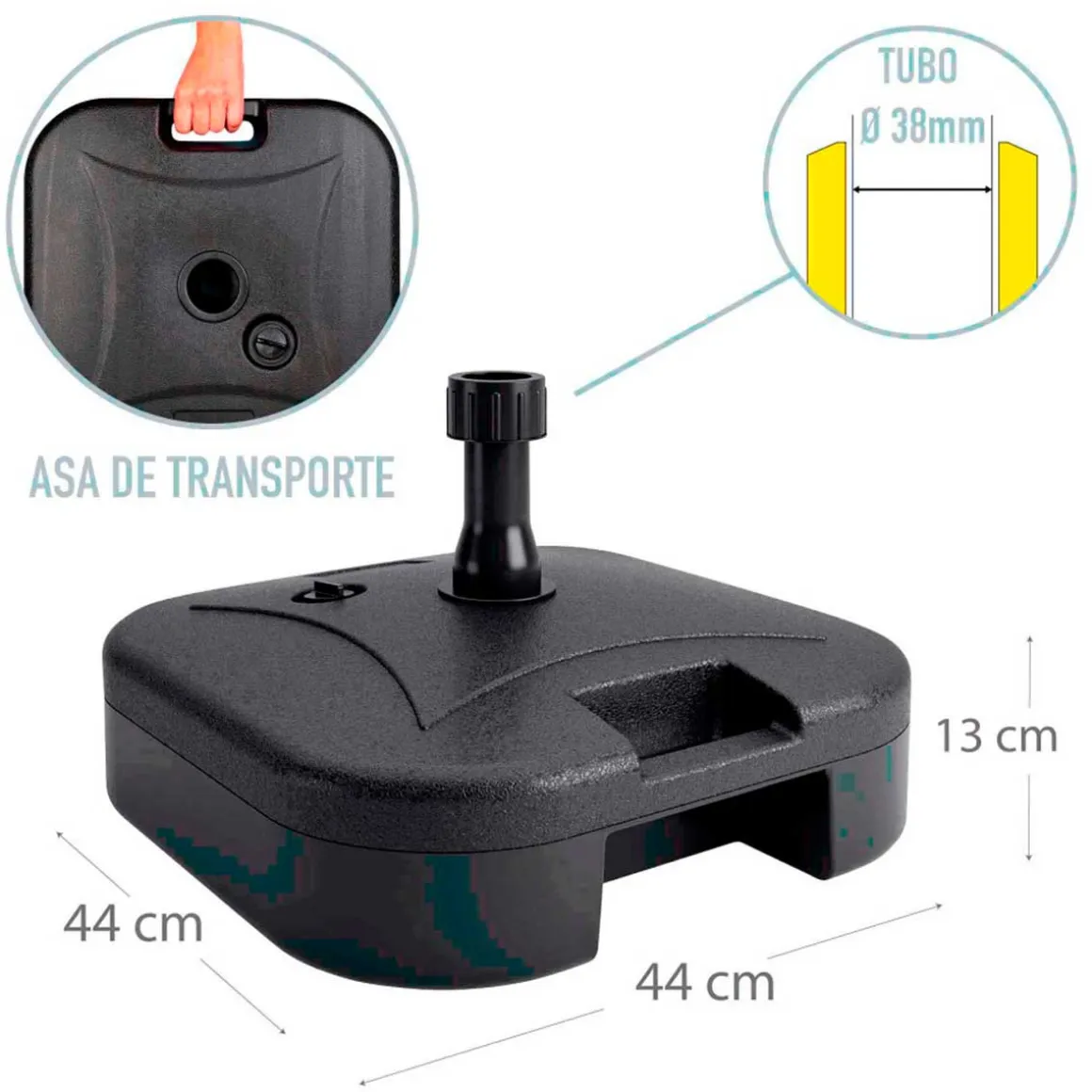 Base para sombrilla Aktive Garden forma cuadrada con asa 19kg negro 13x44x44 cm