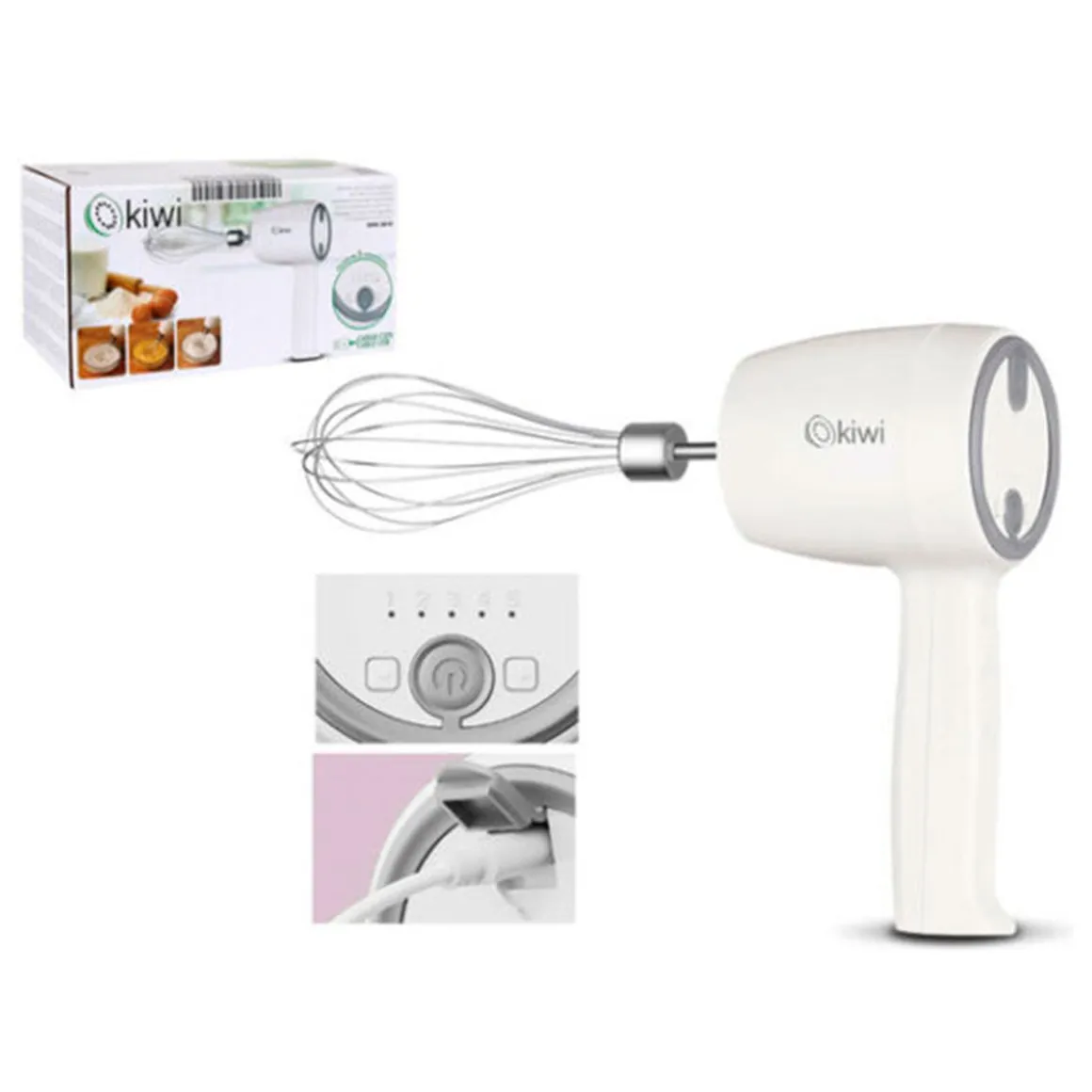 Batidora de mano Kiwi recargable USB 5 velocidades 1300mAh blanco