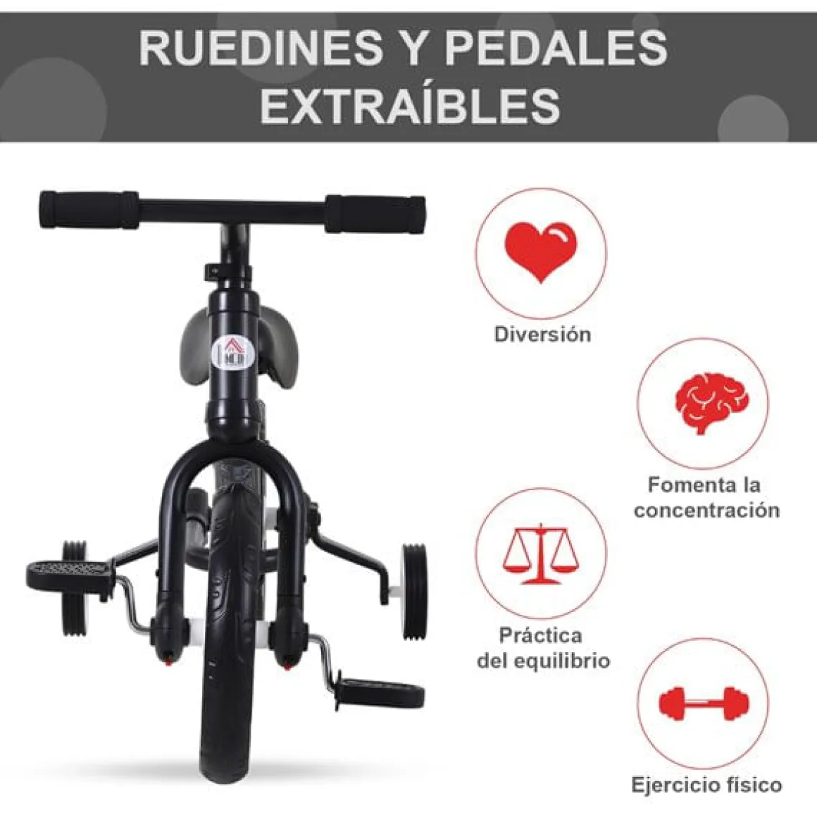 Bicicleta con pedales y ruedas +2A negro 54x35x85 cm