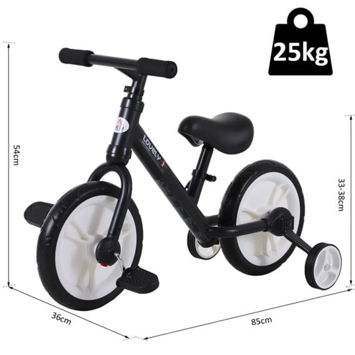 Bicicleta con pedales y ruedas +2A negro 54x35x85 cm