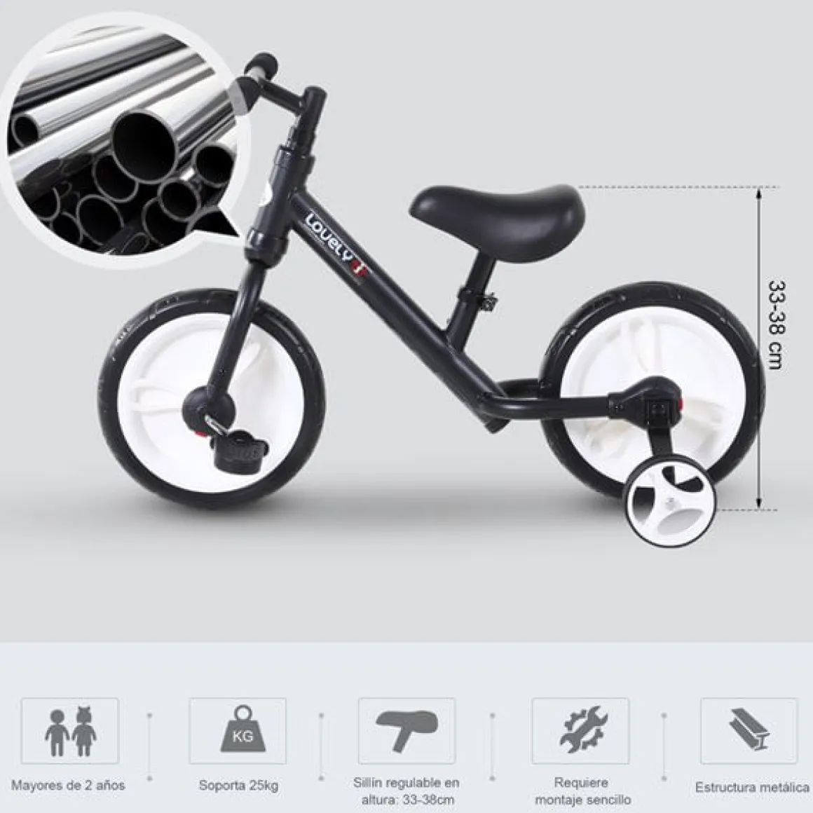 Bicicleta con pedales y ruedas +2A negro 54x35x85 cm