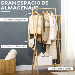 Burro perchero Dummo Homcom 2 barras + 1 estante natural 150x74x42 cm