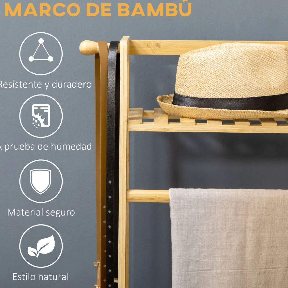 Burro perchero River Homcom 2 estantes + 2 ganchos natural 139x114x40 cm
