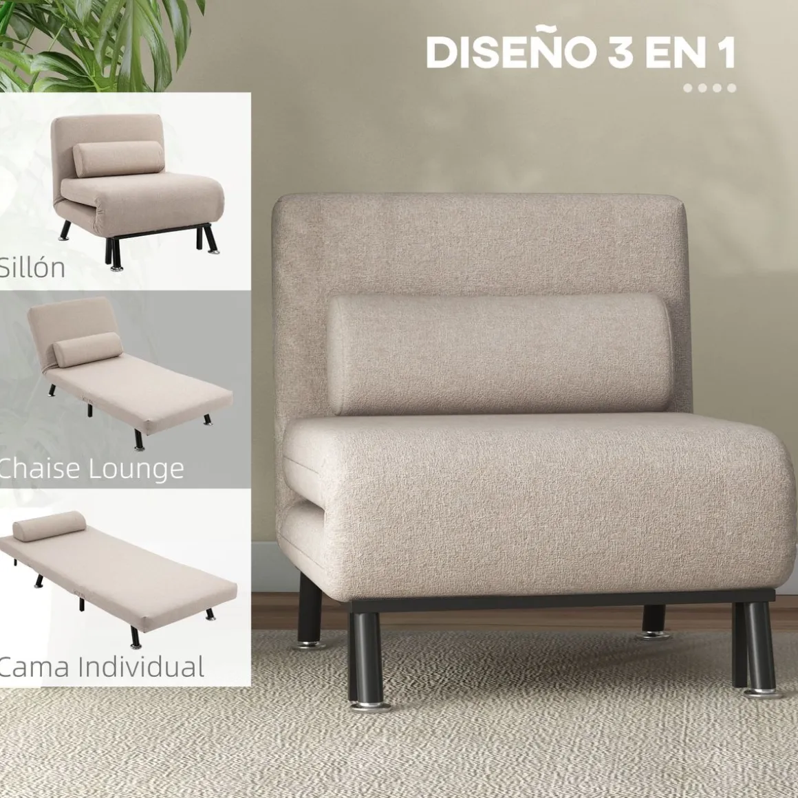 Butaca Linda Homcom convertible en cama beige 75x75x70 cm