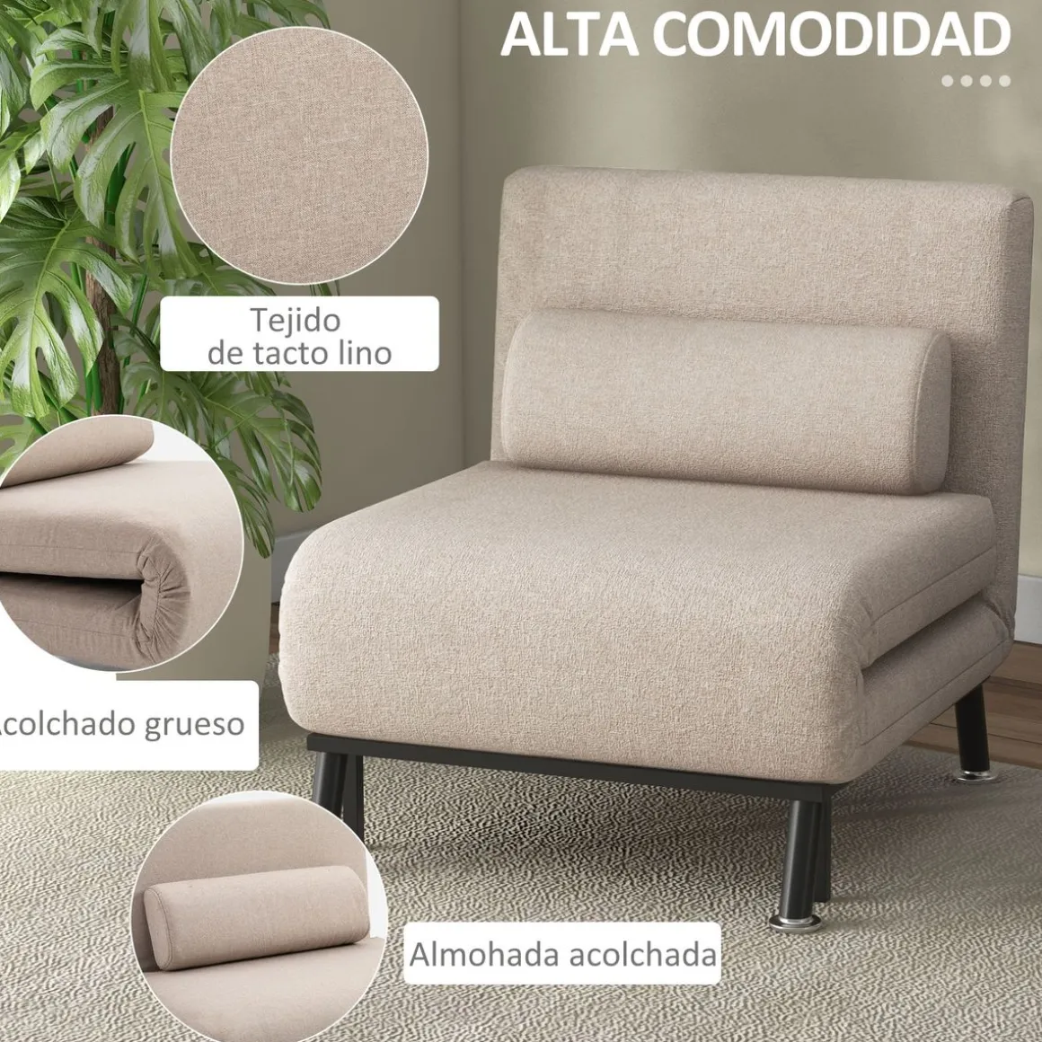 Butaca Linda Homcom convertible en cama beige 75x75x70 cm