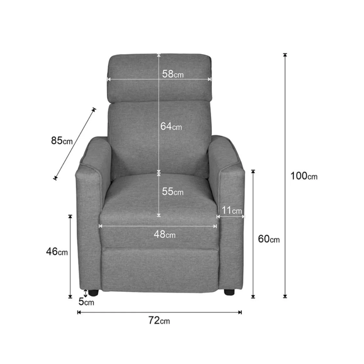 Butaca relax Medea diseño reclinable gris 100x72x85 cm