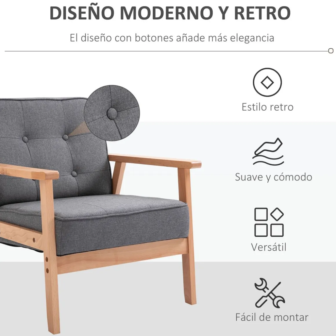 Butaca Yale Homcom con reposabrazos gris/natural 78x65x69 cm