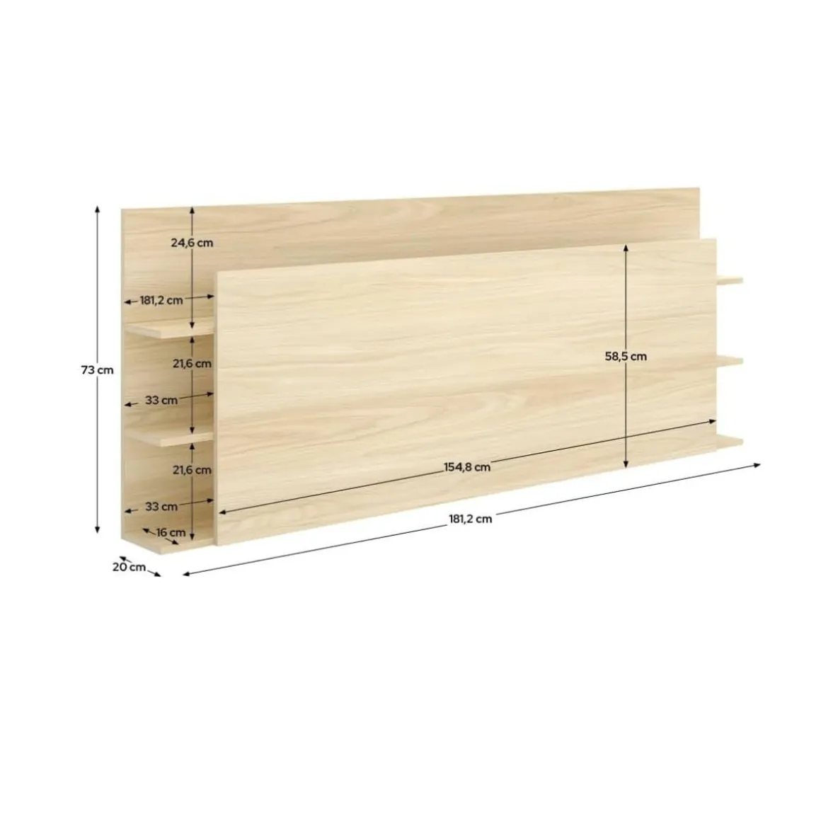 Cabecero Tori 3 estantes natural 73x181,2x19,2 cm