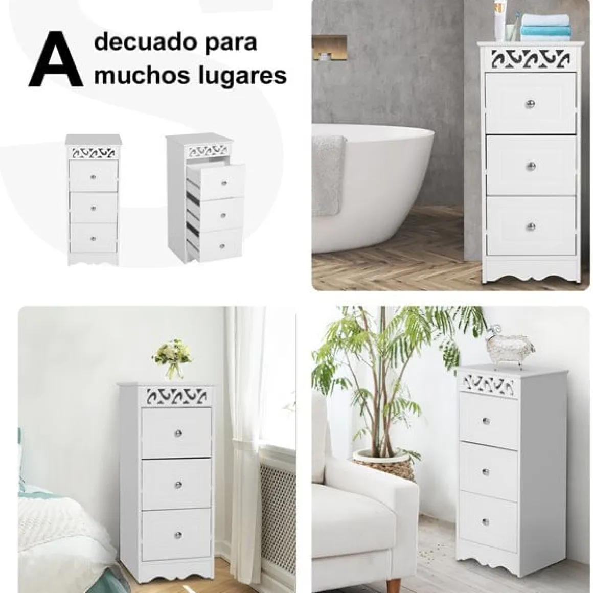 Cajonera auxiliar Homcom 3 cajones blanco 68,5x29,8x29,8 cm
