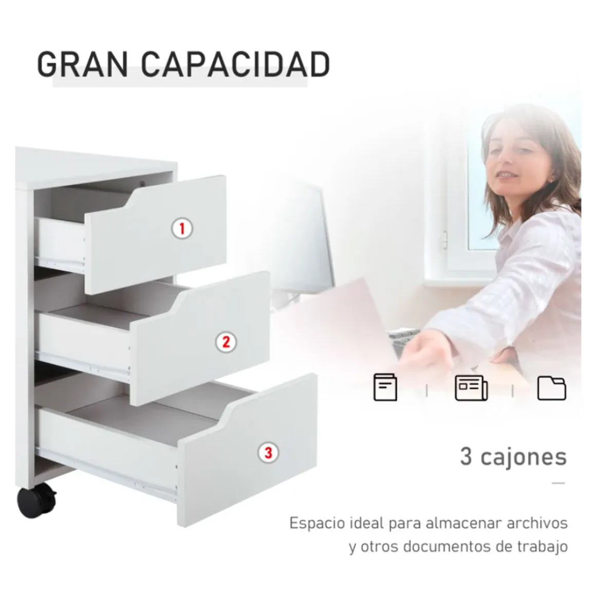 Cajonera auxiliar Homcom para oficina 3 cajones 57,5x40x50 cm