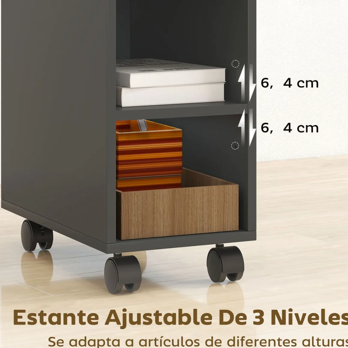 Cajonera Bona Homcom 2 estantes + compartimento oculto negro 70x25x45 cm