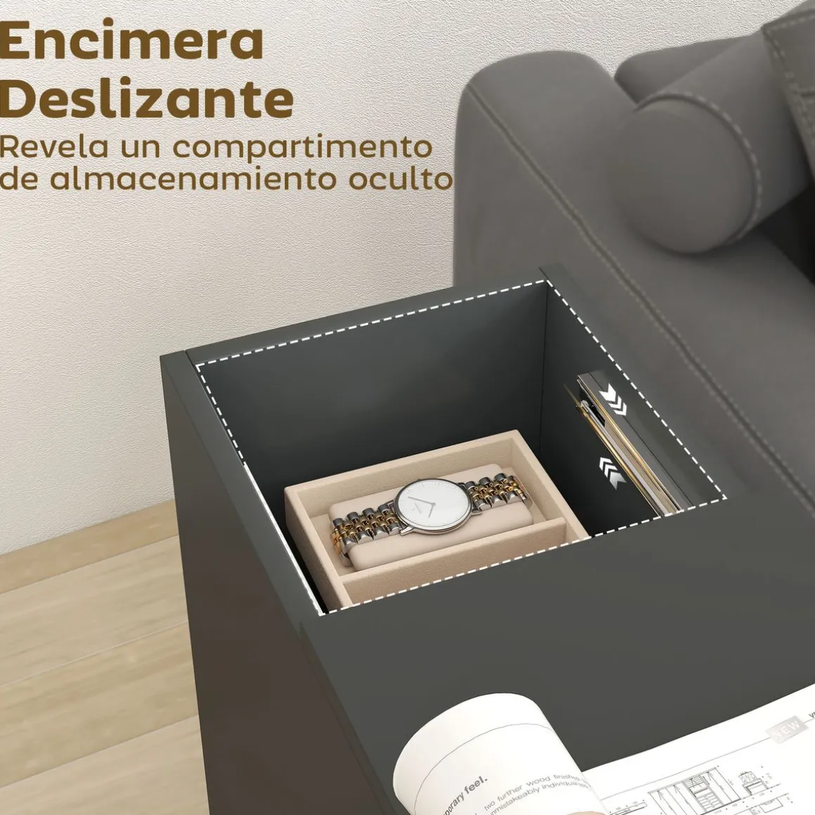 Cajonera Bona Homcom 2 estantes + compartimento oculto negro 70x25x45 cm