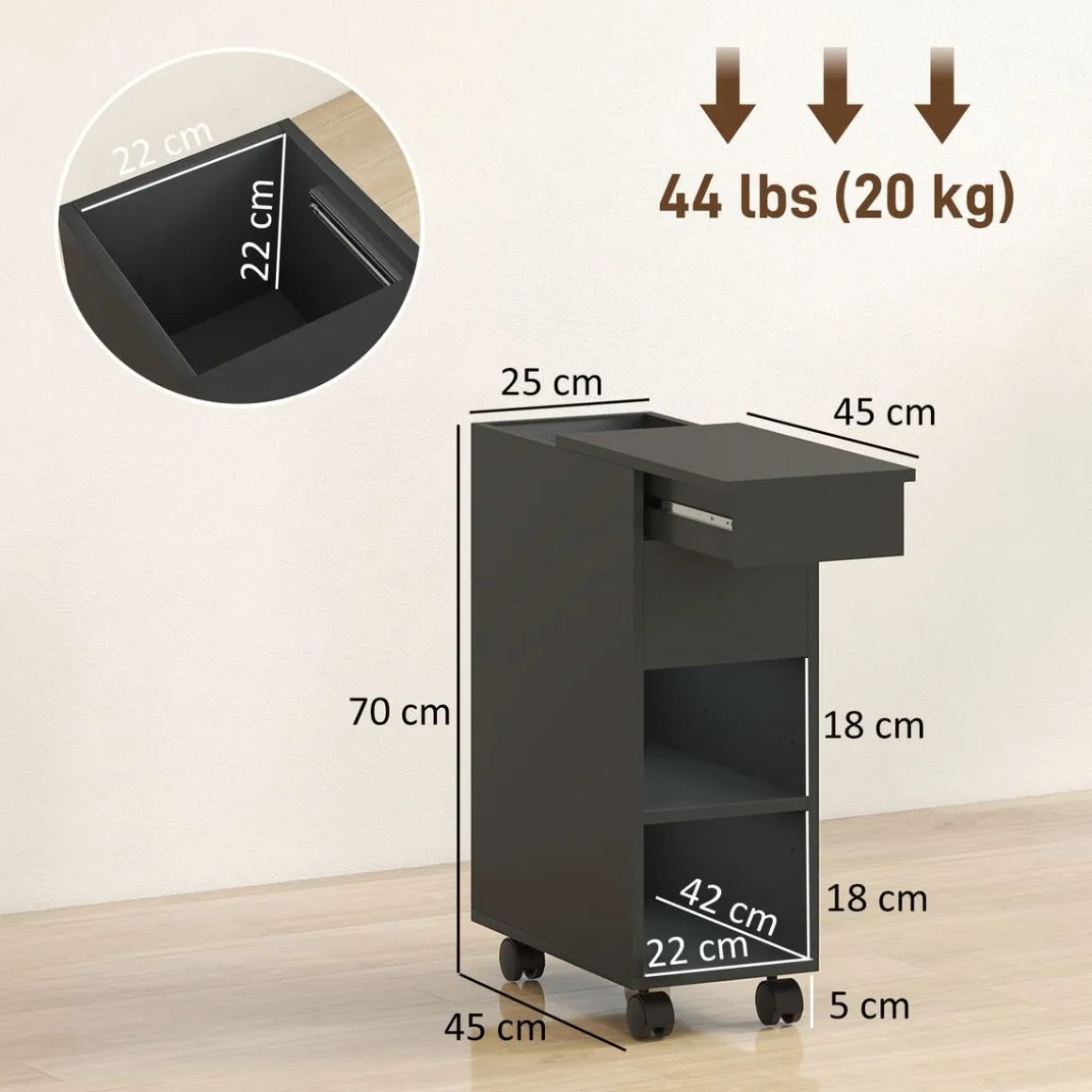 Cajonera Bona Homcom 2 estantes + compartimento oculto negro 70x25x45 cm