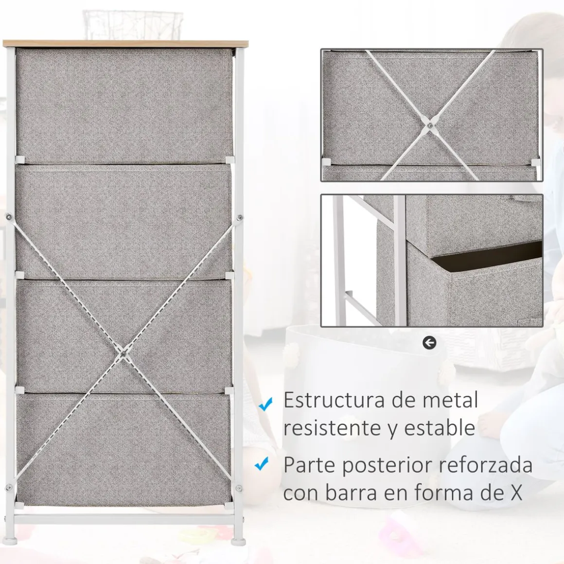 Cajonera Hatay Homcom 4 cajones tela gris 92x45x30 cm