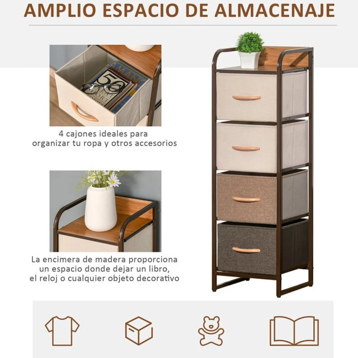 Cajonera Homcom 4 cajones de lino marrón 99x31x29 cm