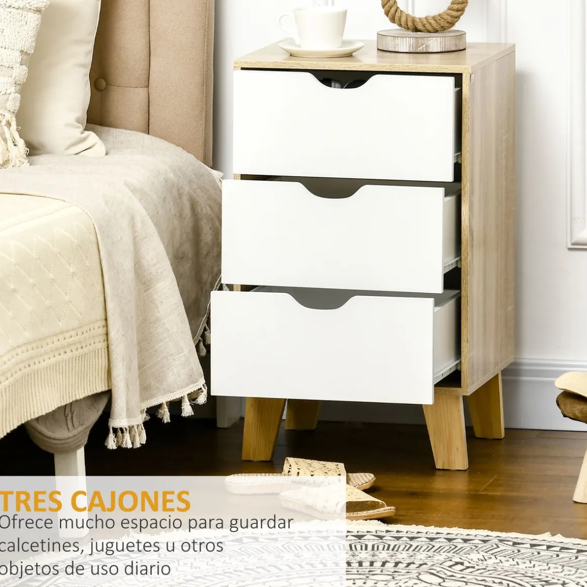 Cajonera Luquillo Homcom 3 cajones blanco/natural 68,5x40x35 cm