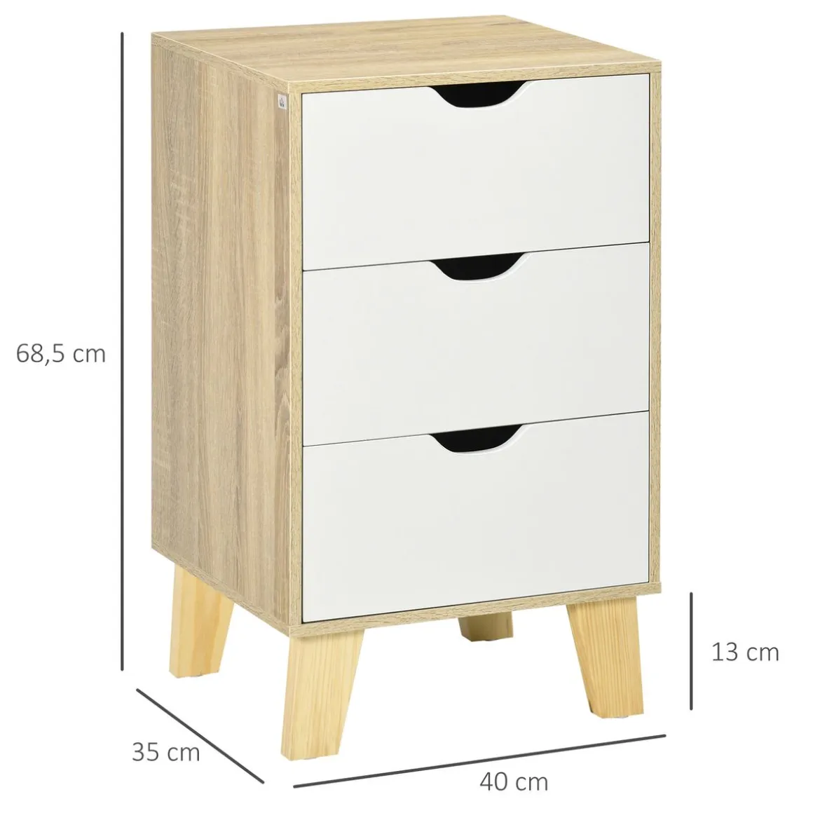 Cajonera Luquillo Homcom 3 cajones blanco/natural 68,5x40x35 cm