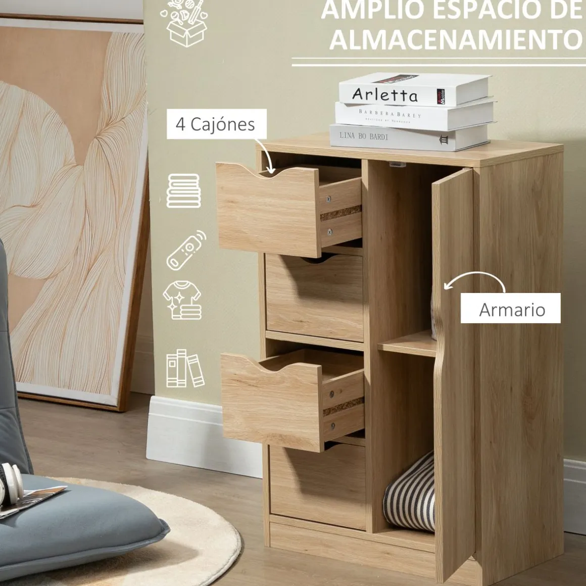 Cajonera Luxi Homcom 4 cajones + 1 puerta roble 83x54x29 cm