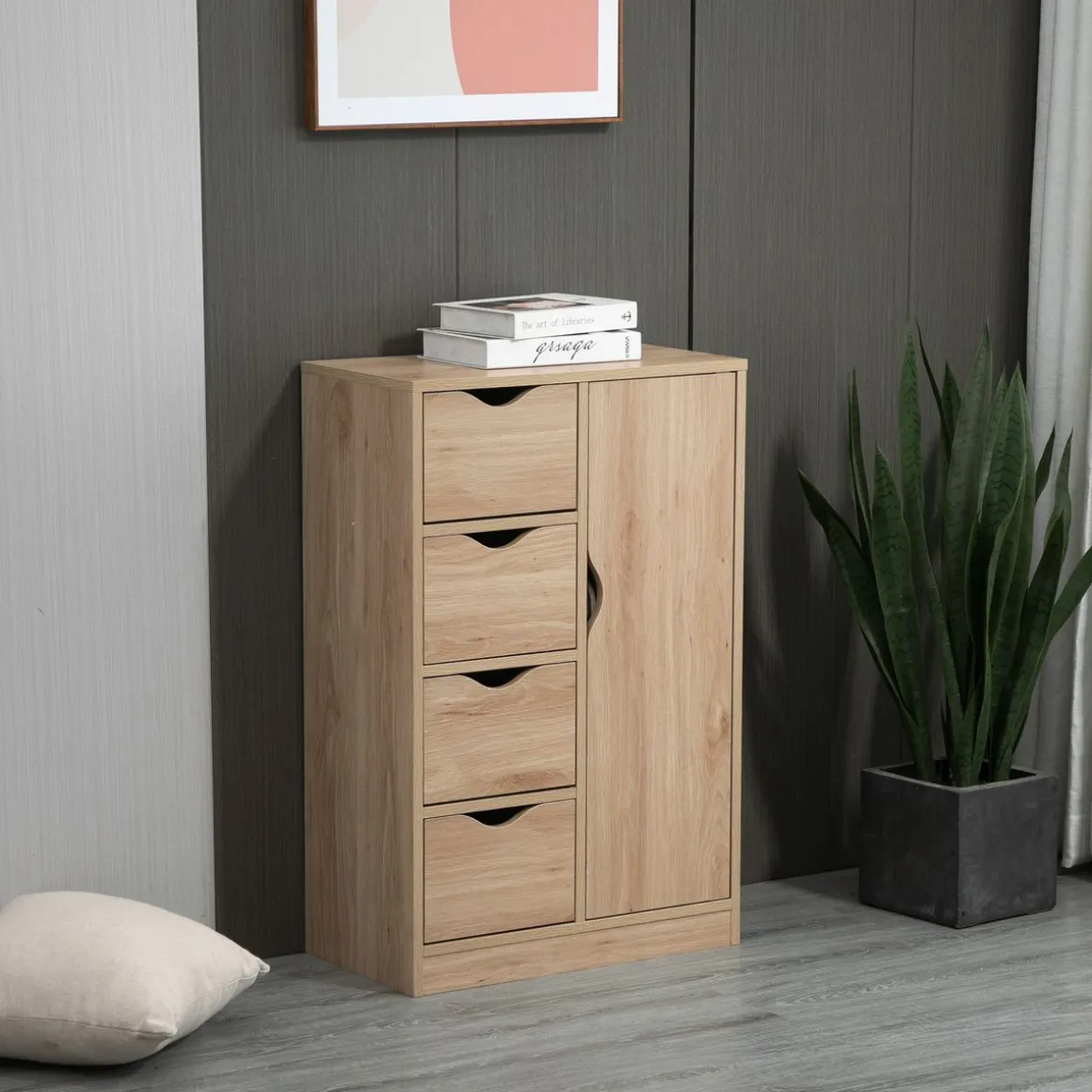 Cajonera Luxi Homcom 4 cajones + 1 puerta roble 83x54x29 cm