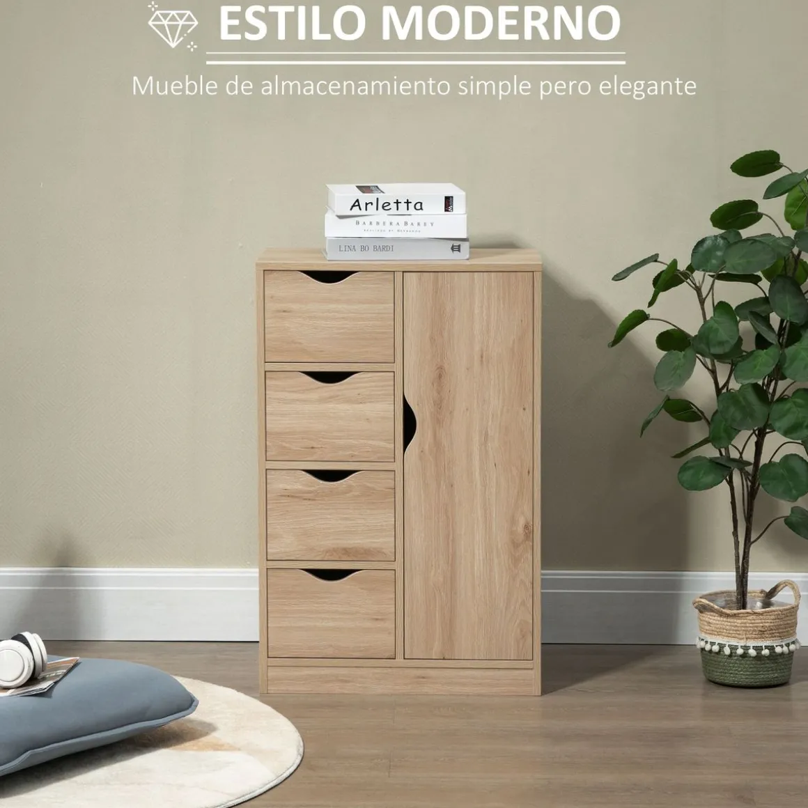 Cajonera Luxi Homcom 4 cajones + 1 puerta roble 83x54x29 cm