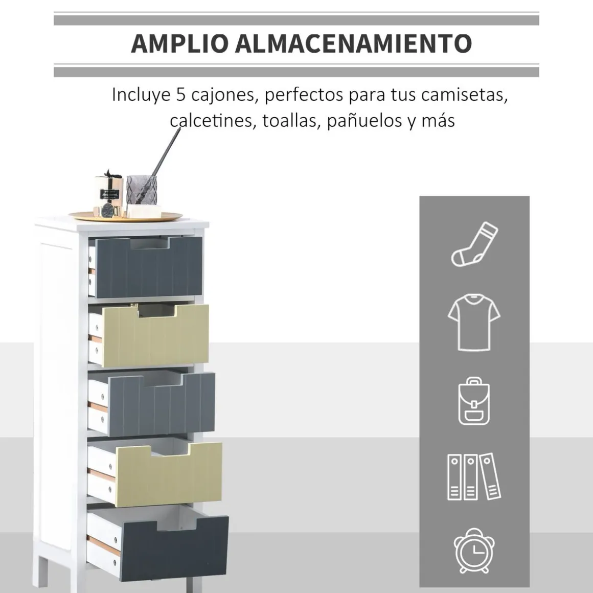 Cajonera Luz Homcom 5 cajones multicolor 90,5x35x28 cm
