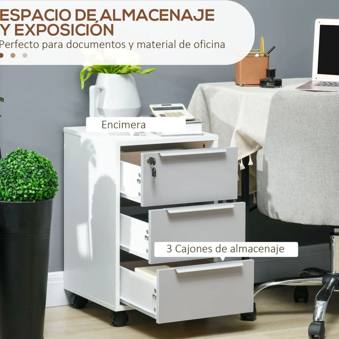 Cajonera Margate Homcom 3 cajones con llave blanco/gris 63,5x40x40 cm