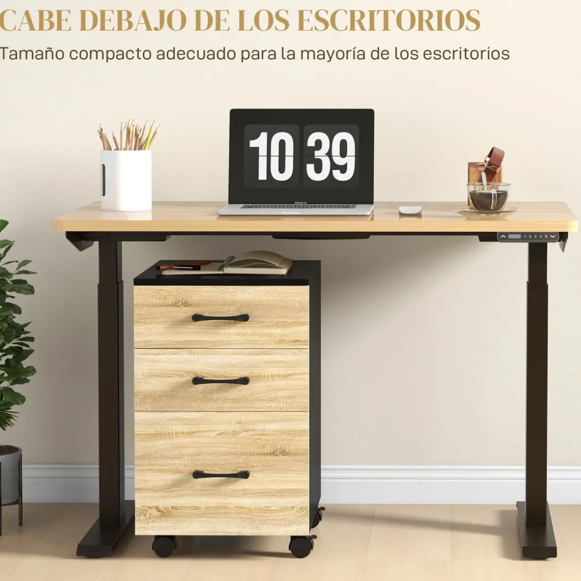 Cajonera Nisset Homcom 3 cajones + archivador + 4 ruedas roble/negro 65x40x42 cm