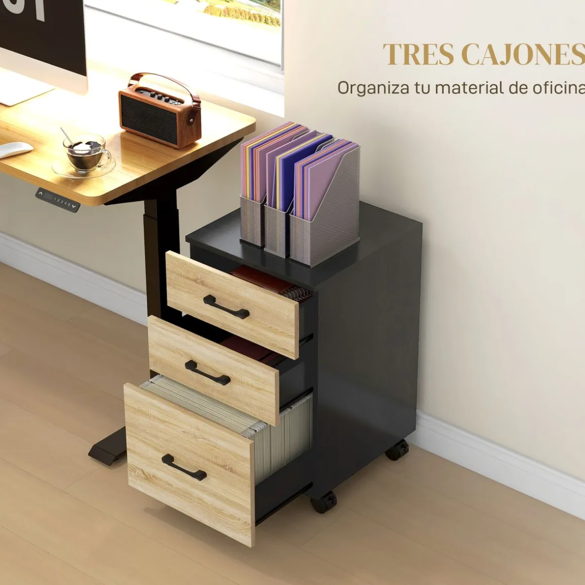 Cajonera Nisset Homcom 3 cajones + archivador + 4 ruedas roble/negro 65x40x42 cm