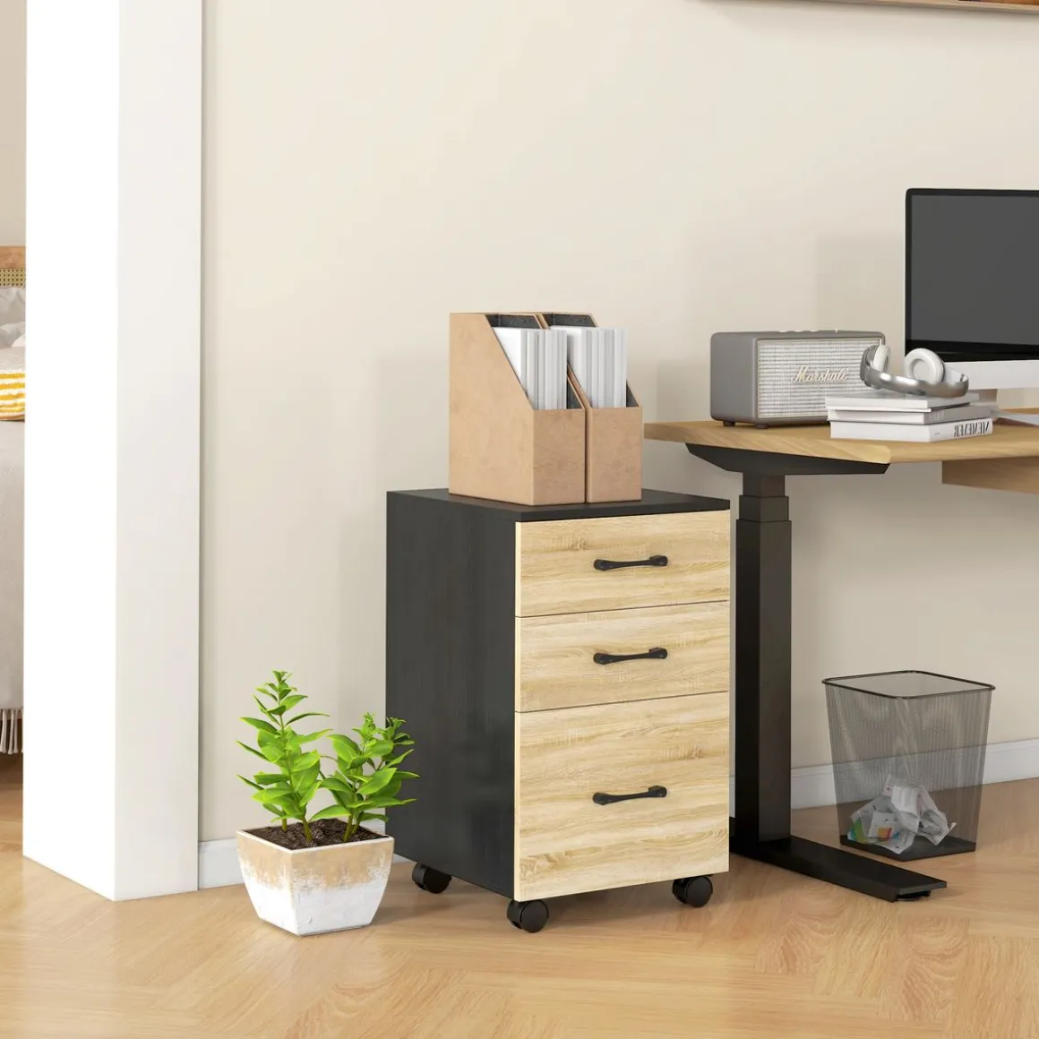 Cajonera Nisset Homcom 3 cajones + archivador + 4 ruedas roble/negro 65x40x42 cm