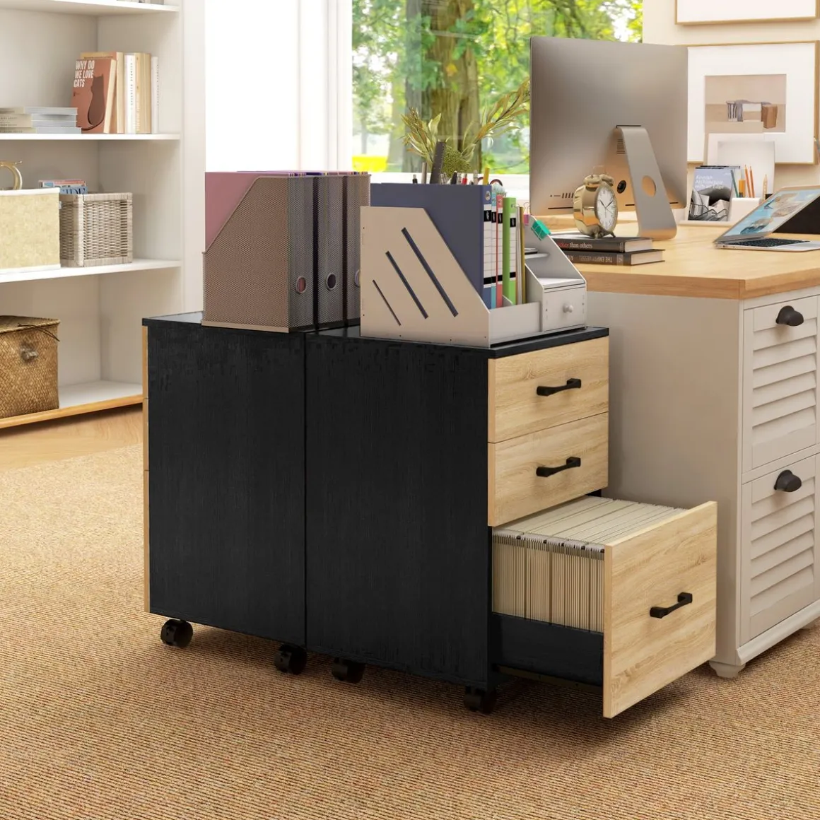 Cajonera Nisset Homcom 3 cajones + archivador + 4 ruedas roble/negro 65x40x42 cm