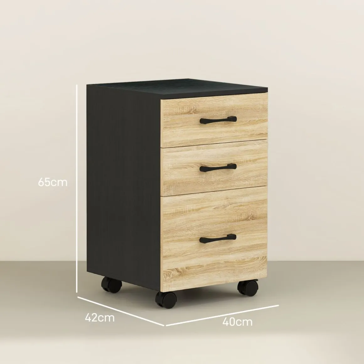 Cajonera Nisset Homcom 3 cajones + archivador + 4 ruedas roble/negro 65x40x42 cm
