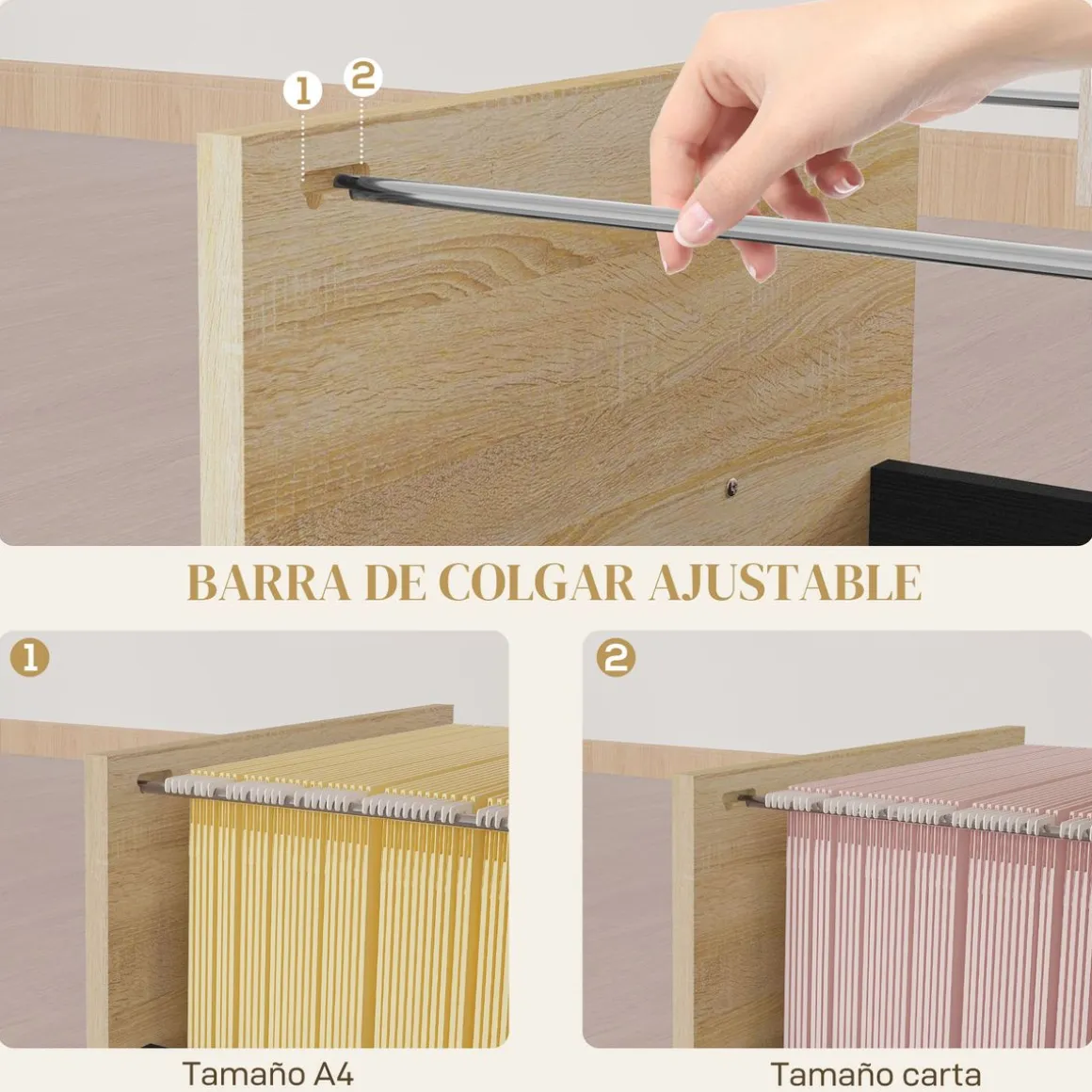 Cajonera Nisset Homcom 3 cajones + archivador + 4 ruedas roble/negro 65x40x42 cm