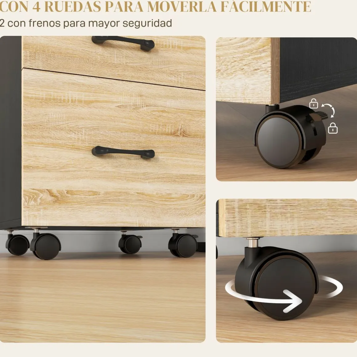 Cajonera Nisset Homcom 3 cajones + archivador + 4 ruedas roble/negro 65x40x42 cm