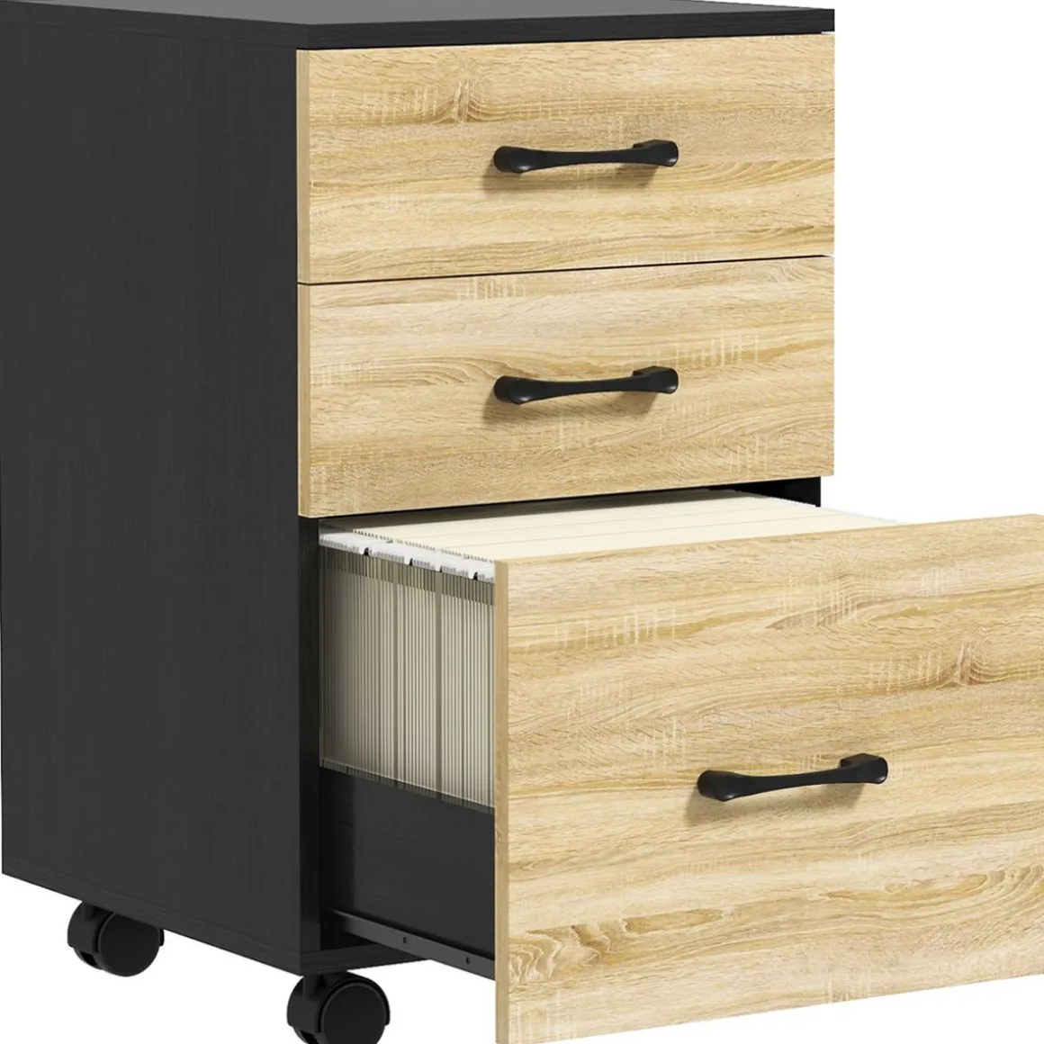 Cajonera Nisset Homcom 3 cajones + archivador + 4 ruedas roble/negro 65x40x42 cm