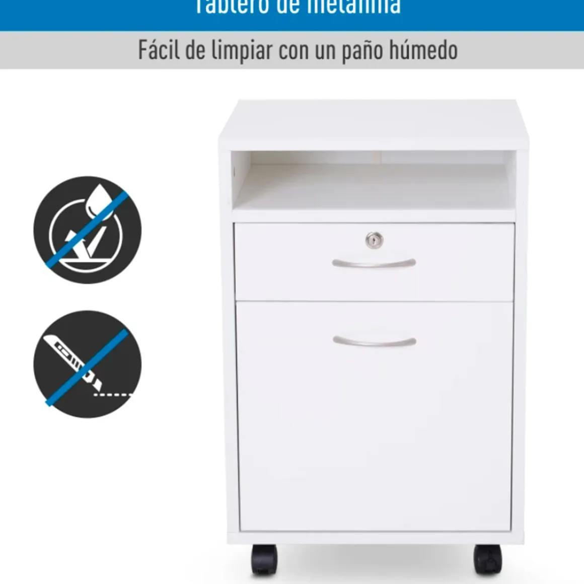 Cajonera para oficina Homcom 1 cajón 1 estante abierto 1 armario con ruedas blanco 60x40x35 cm