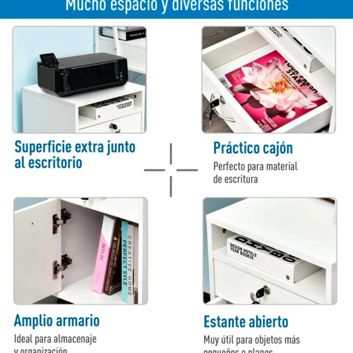 Cajonera para oficina Homcom 1 cajón 1 estante abierto 1 armario con ruedas blanco 60x40x35 cm