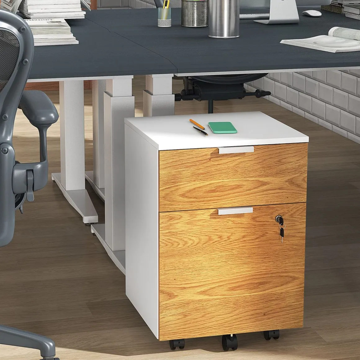 Cajonera Pyle Homcom 2 cajones + 4 ruedas blanco/natural 60x42x40 cm