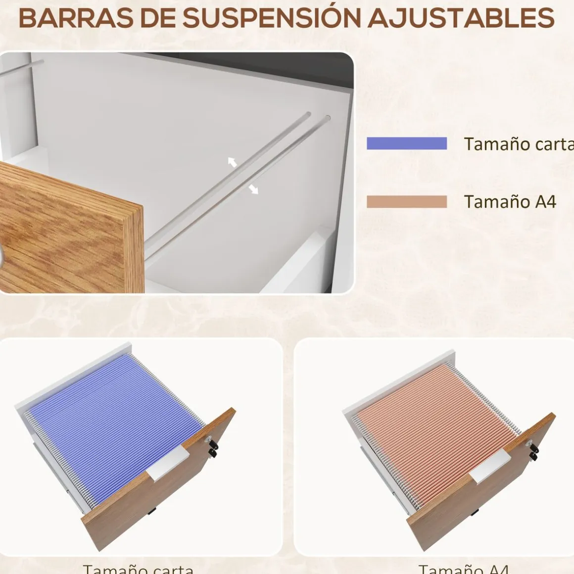 Cajonera Pyle Homcom 2 cajones + 4 ruedas blanco/natural 60x42x40 cm