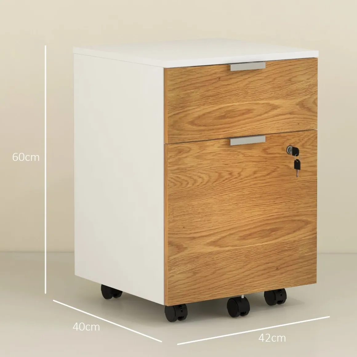 Cajonera Pyle Homcom 2 cajones + 4 ruedas blanco/natural 60x42x40 cm