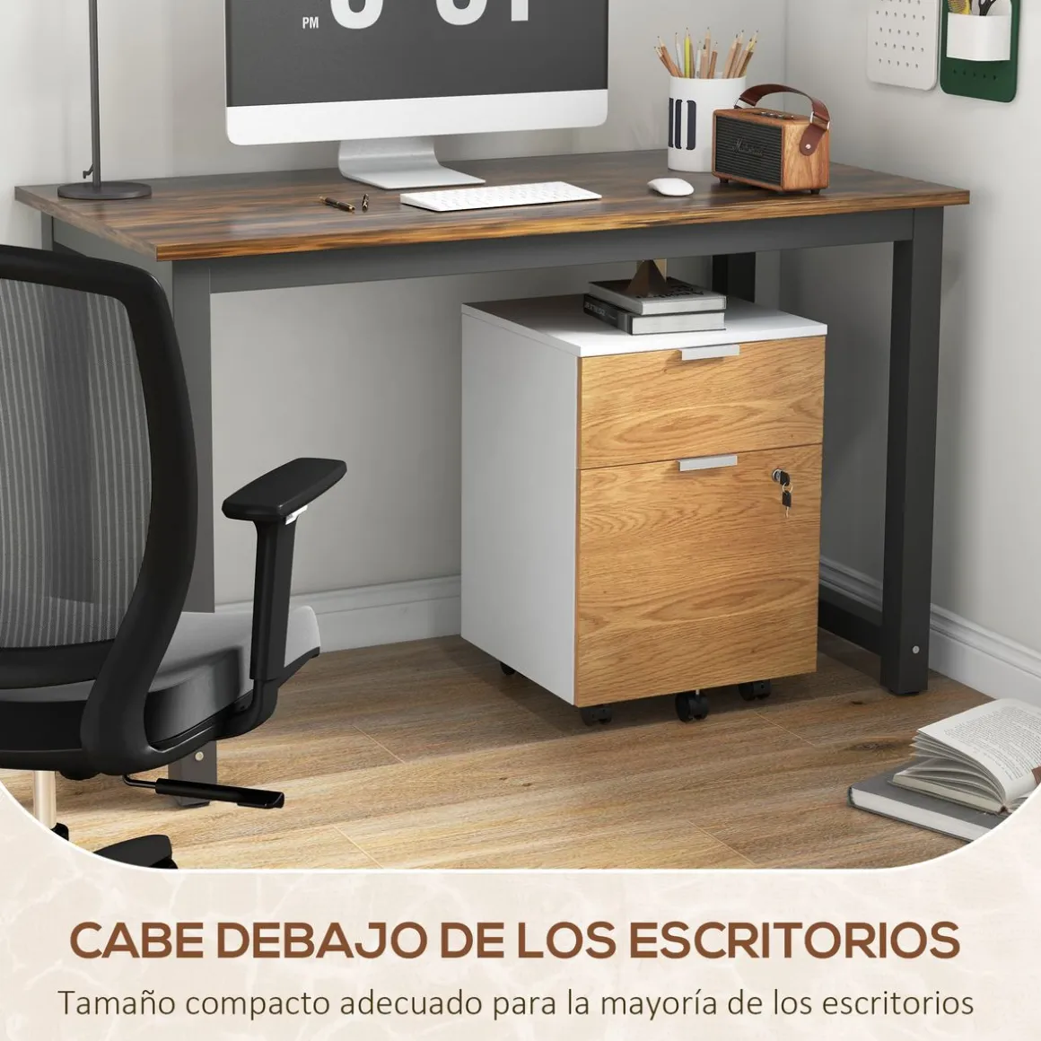 Cajonera Pyle Homcom 2 cajones + 4 ruedas blanco/natural 60x42x40 cm