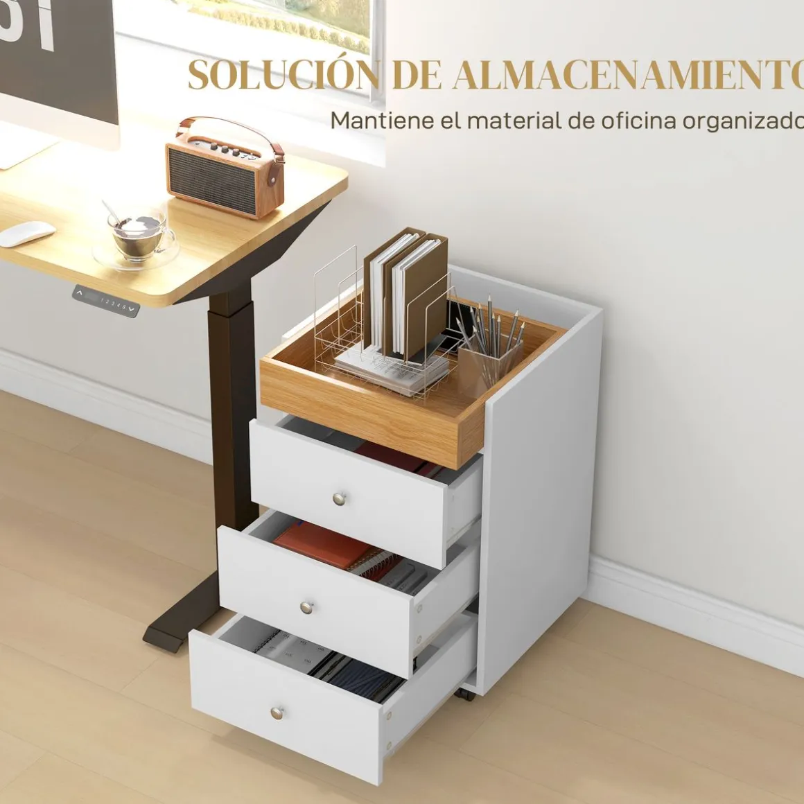Cajonera Vinkel Homcom 3 cajones + 4 ruedas + 1 bandeja extraíble blanco/natural 66,5x43x40 cm