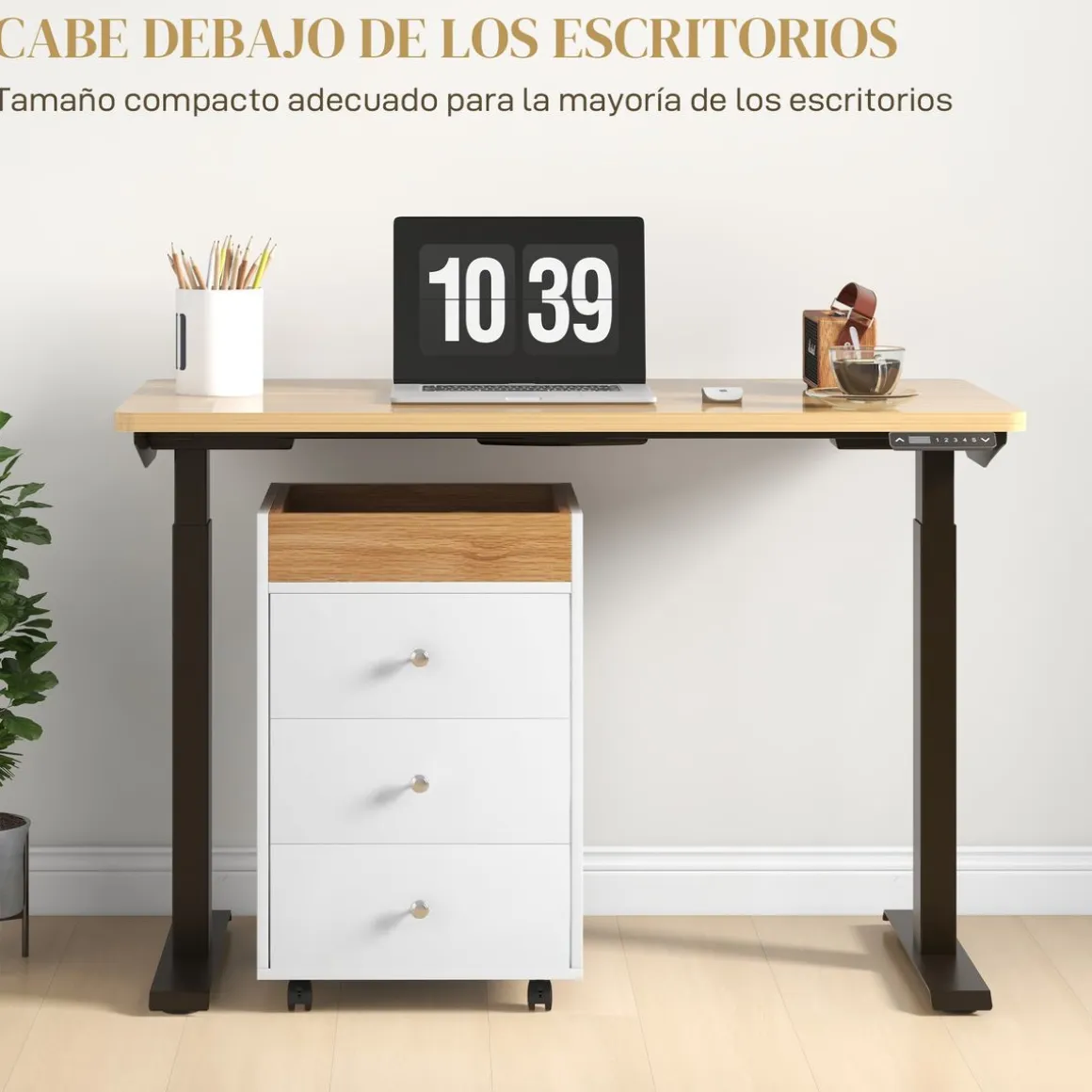 Cajonera Vinkel Homcom 3 cajones + 4 ruedas + 1 bandeja extraíble blanco/natural 66,5x43x40 cm