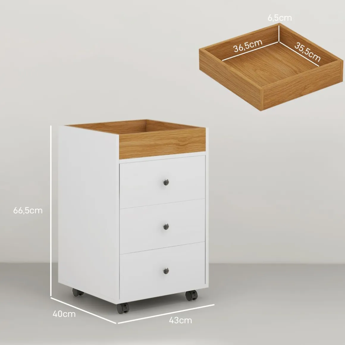Cajonera Vinkel Homcom 3 cajones + 4 ruedas + 1 bandeja extraíble blanco/natural 66,5x43x40 cm