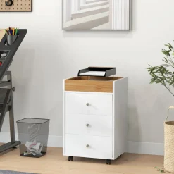 Cajonera Vinkel Homcom 3 cajones + 4 ruedas + 1 bandeja extraíble blanco/natural 66,5x43x40 cm
