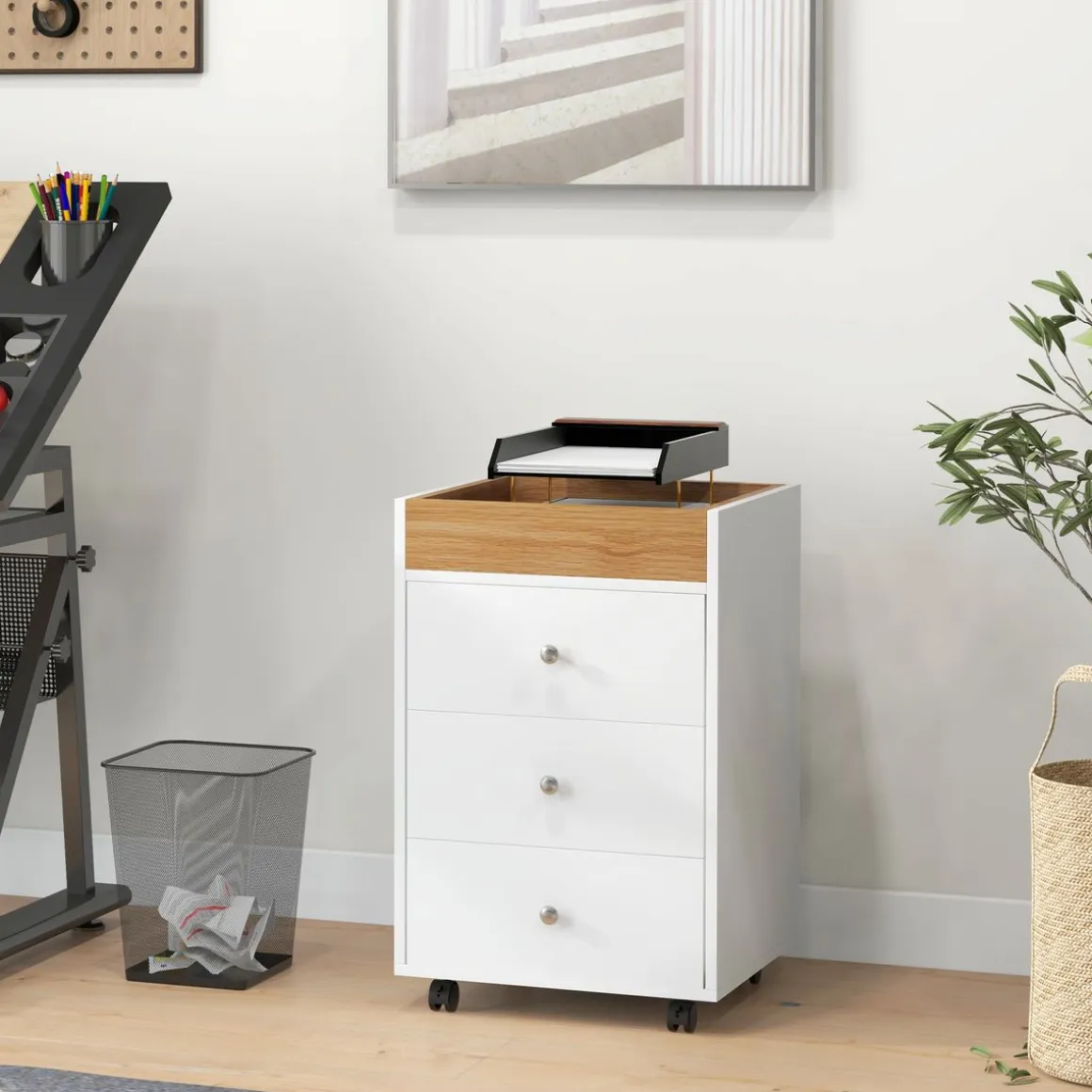 Cajonera Vinkel Homcom 3 cajones + 4 ruedas + 1 bandeja extraíble blanco/natural 66,5x43x40 cm