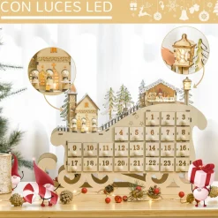 Calendario de Adviento Trineo Homcom pueblo + 24 cajones + luces LED natural 31x45x10 cm