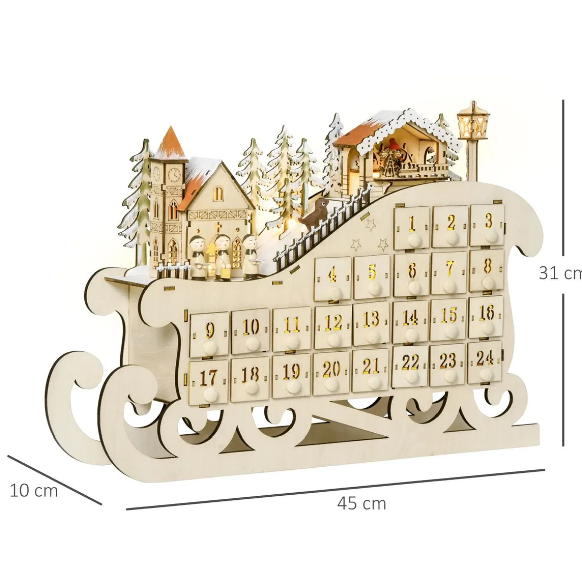 Calendario de Adviento Trineo Homcom pueblo + 24 cajones + luces LED natural 31x45x10 cm