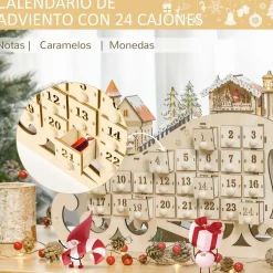 Calendario de Adviento Trineo Homcom pueblo + 24 cajones + luces LED natural 31x45x10 cm