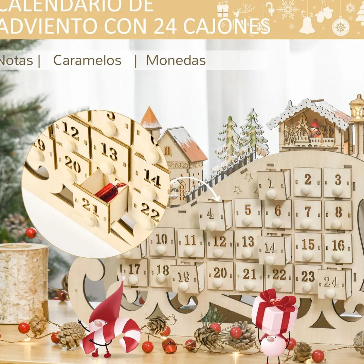 Calendario de Adviento Trineo Homcom pueblo + 24 cajones + luces LED natural 31x45x10 cm
