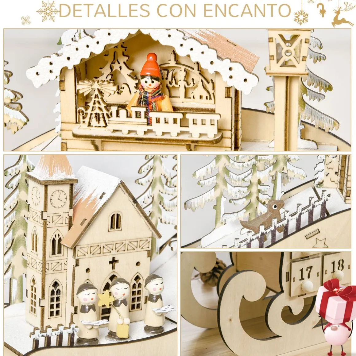 Calendario de Adviento Trineo Homcom pueblo + 24 cajones + luces LED natural 31x45x10 cm